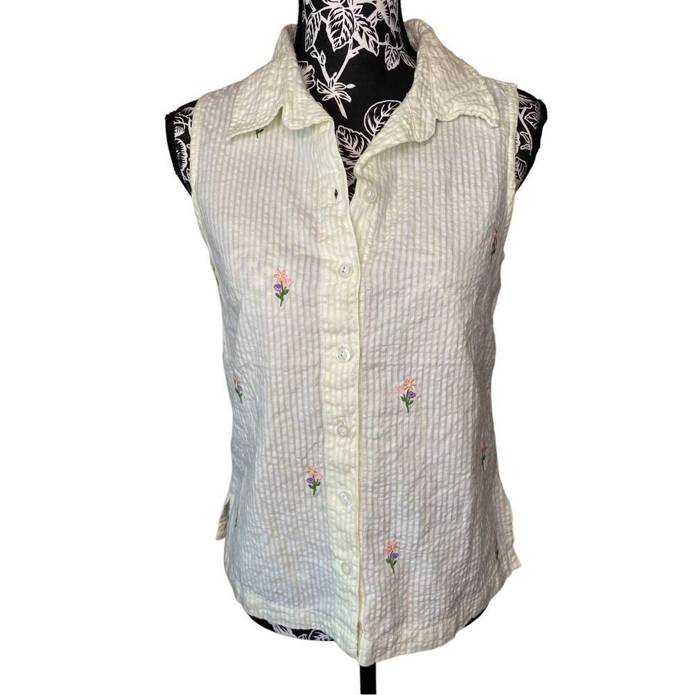 Vintage NorthCrest Butterfly Striped Collared Tank Top Button Up Size Small